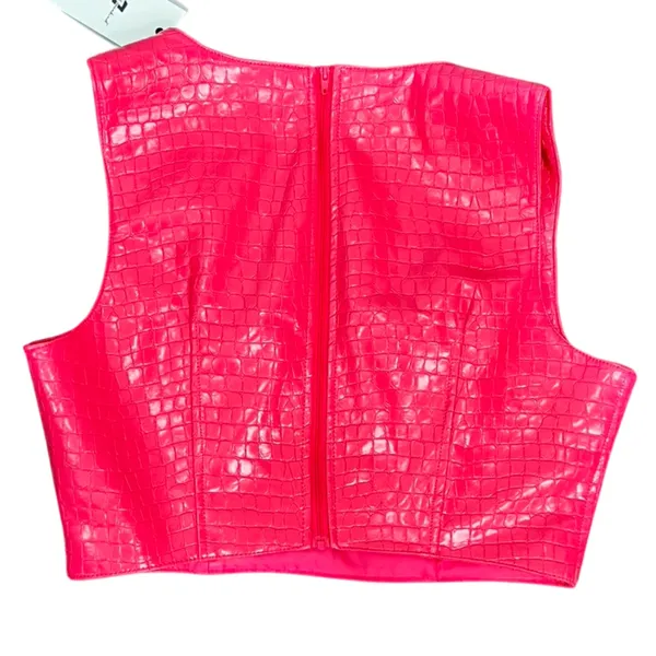 7 For All Mankind Hot Pink Vegan Leather Crocodile Crop Top Shorts Set M NEW Tag - Image 11