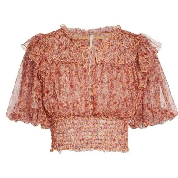 Free People Beatrice Floral Print Brown Lace Up Puff Sleeve Blouse Top Size S - Image 14