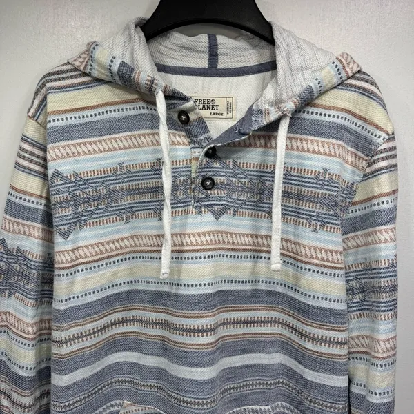 Free Planet Aztec Baja Pullover Hoodie Cream Blue Coral Hippie Boho Grunge Large - Image 2
