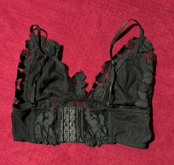 PINK - Victoria's Secret S/M black satin lace floral cup bralette - Image 2