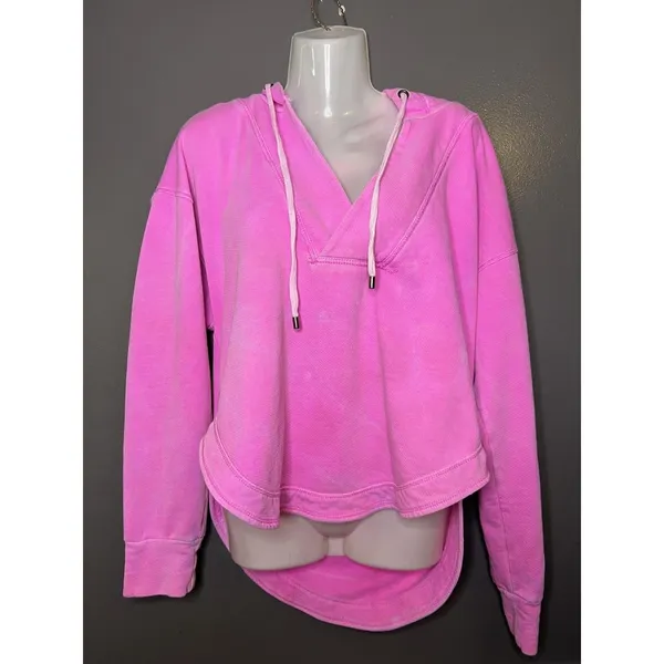 Pilcro Anthropologie Hoodie Sweatshirt Womens Medium Pink Terry V Neck High Low - Image 2
