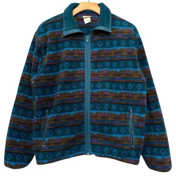 L.L. Bean Vintage Womens Size M Blue Tribal Southwestern Fleece Full Zip Jacket - Image 2