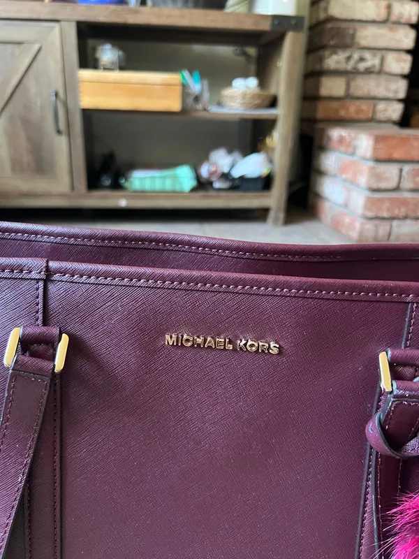 Michael Kors Plum Saffiano Tote with Magenta Pom Charm - Image 2