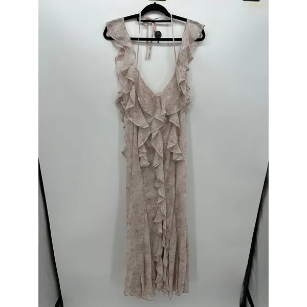 Storia Womens Floral Ruffle Maxi Dress Red Cream Sleeveless Sz L Dainty Feminine - Image 3