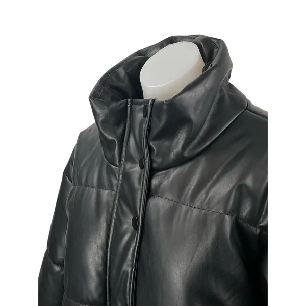 Le Lis Black Faux Vegan Leather Quilted Long Sleeve Crop Puffer Coat Jacket Sz L - Image 3
