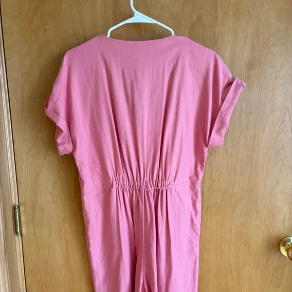Madewell Button Front Jumpsuit Womens 4 Pink Herringbone Short Sleeve‎ Wide Leg - Image 2