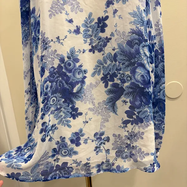 Maeve Anthropologie Blue White Floral‎ Sheer Tunic Blouse High Neck Tie Back L - Image 7