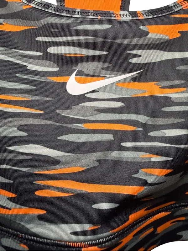 Nike Women's Dri-FIT Sports Bra - Black, Gray, and Orange Camo-Print - Image 2
