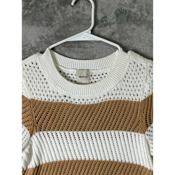 Maeve Open Stitch Mesh Sweater Women's XXS Tan Cream Striped Short Sleeve Knit - Image 2