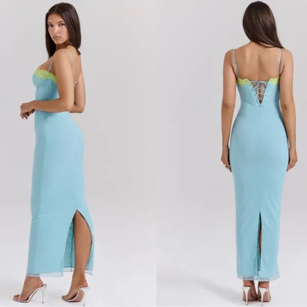 NWOT HOUSE OF CB Aiza Ocean Blue Contrast Lace Maxi Dress sz XS - Image 5