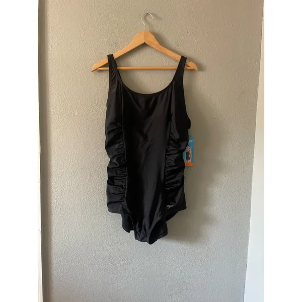 New‎ Speedo Black Shirred Ruched Sides Tank One Piece Bathing Swim Suit - Image 3