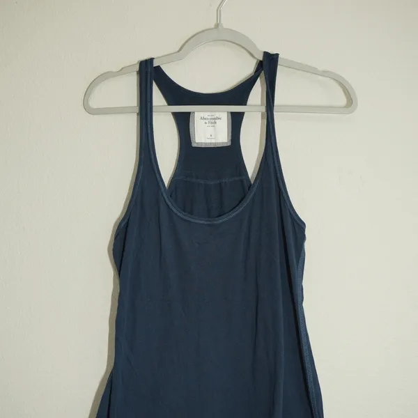 Vintage Abercrombie & Fitch Women's Long Tank Top Navy Blue Ruffle Hem Racerback - Image 3