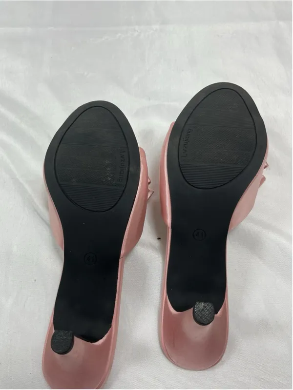 Womans New Lvzujiang Slipon Party Mules Eu 41 Us 10 Pink Satin Kitten Heel Bow - Image 6