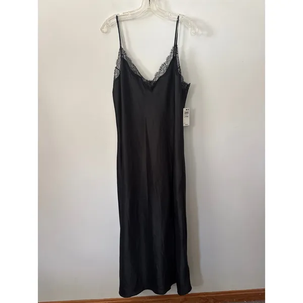 INC Black Silk Blend Lace Trim Slip Dress V-Neck Maxi Nightgown Slit Size XS NEW - Image 5