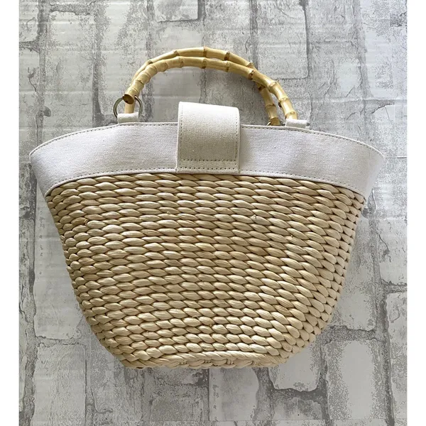 Unbranded Turquoise Straw Bamboo Handle Bag Lightweight Mini Snap Closure Yellow - Image 5