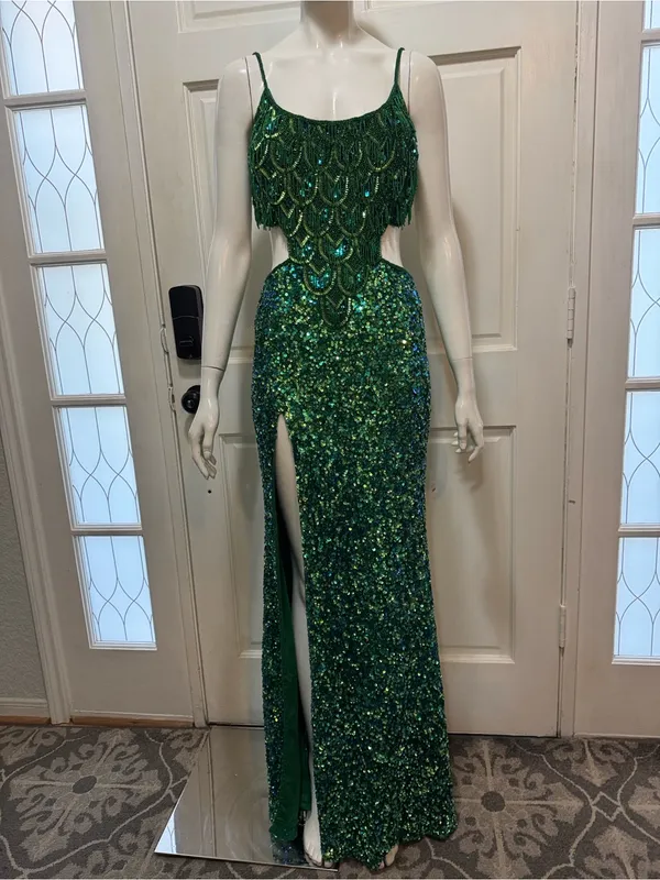Rachel Allan Stunning Emerald Green Sequin Fringe Cutout formal Gown Size 6 - Image 3