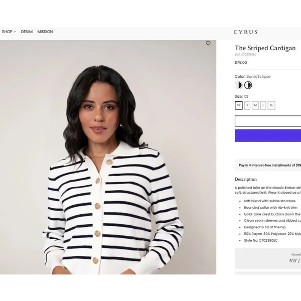 CYRUS Super Soft The Striped Cardigan Breton Stripe Black Ivory Sweater Large - Image 2