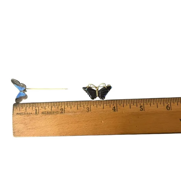Vintage Estate Butterfly Brooch & Lapel Hat Stick Pin 2 Pc. Set Gold Tone Metal - Image 8