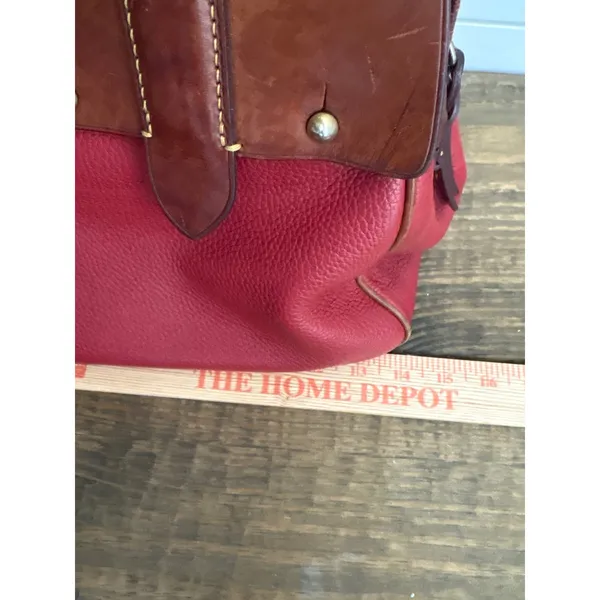 Vintage Dooney & Bourke Red Pebbled Leather Satchel Bag Tan Trim Duck Logo Large - Image 8
