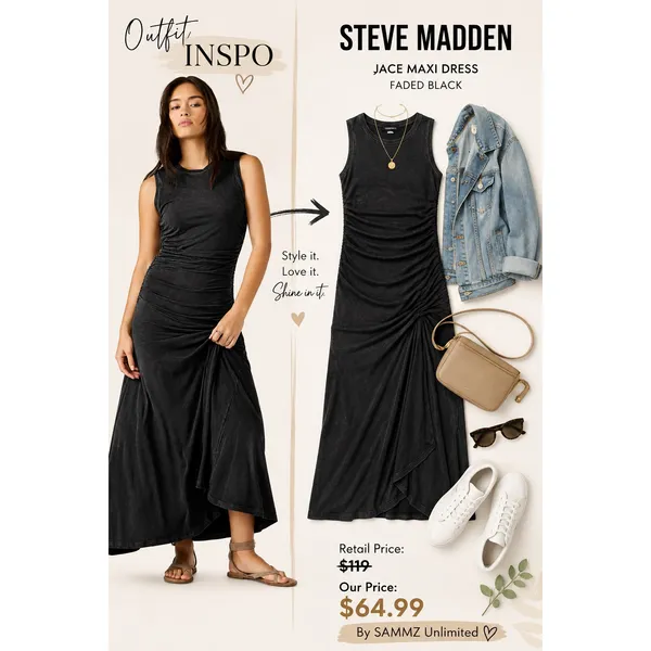 Steve Madden Womens Jace Maxi Dress Large Faded Black Ruched Sleeveless Pullover - Image 2