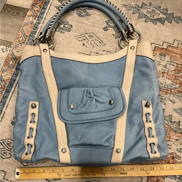 B. Makowsky Blue and Cream Shoulder leather laptop message Bag leopard lining - Image 9