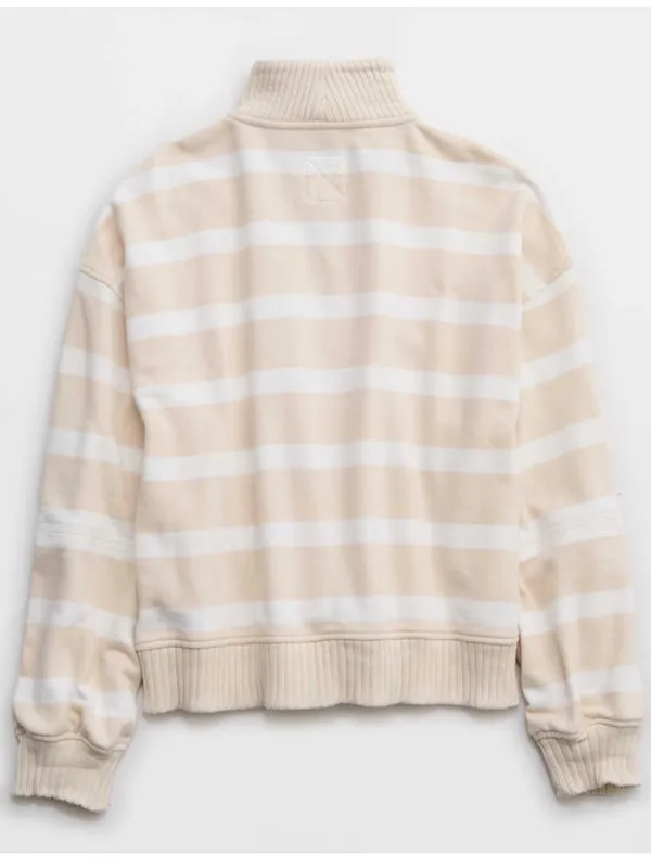aerie Beige and White Striped Quarter-Zip Sweater - Image 11