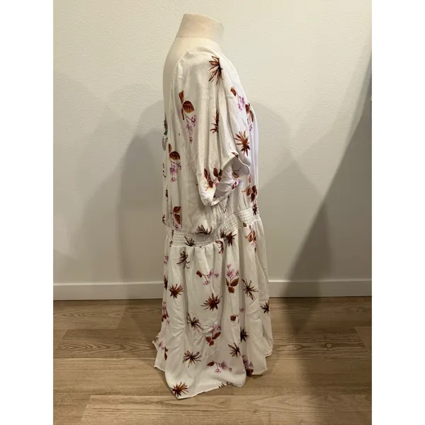 Dip Floral Smocked Waist Midi Dress White Brown Purple Short Sleeve Womens 3X - Image 4