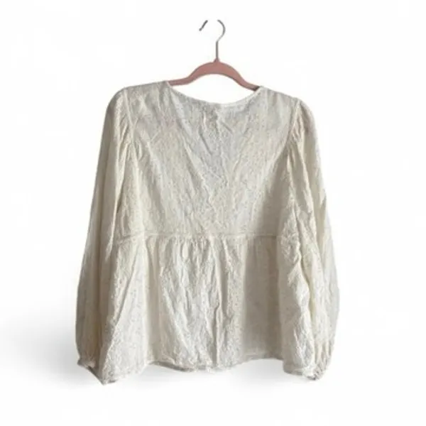 Old Navy Cream Embroidered Tie-Neck Blouse Balloon Sleeve Women’s Size L Peplum - Image 5