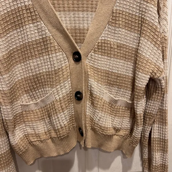 Evereve Large Kiki Cardigan Beige‎ Striped Waffle Knit Cotton Modal Sweater - Image 2