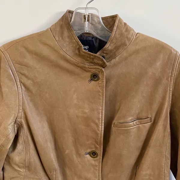 Gap Leather Jacket Women XS Tan Brown Dark Academia Mock Neck Button Blazer - Image 4