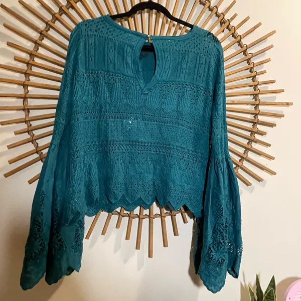 Free People Once Upon A Time Teal Lace Knit Bell Sleeve Top Fairy Boho - Image 13