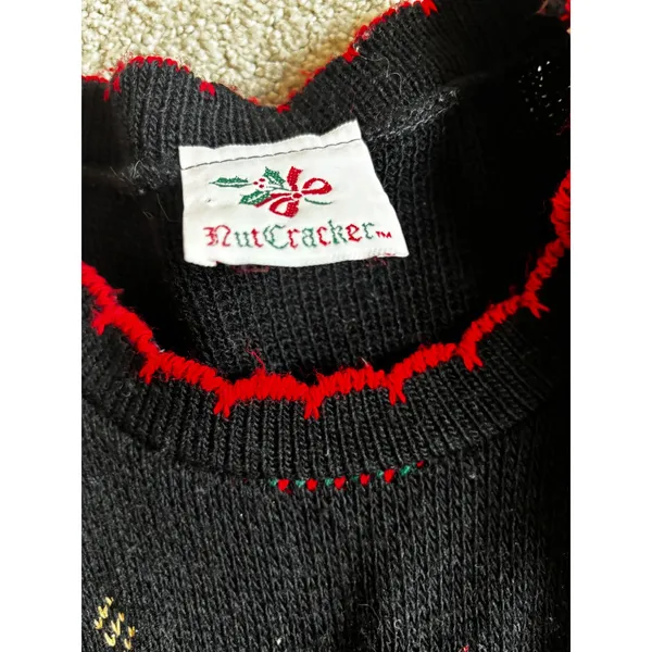 90s Vintage NutCracker Christmas Sweater Medium Black Kitten Cat Tree Ugly - Image 3