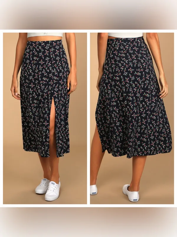 Lulus Bliss Me Navy Blue Floral Print Midi Skirt - Image 2