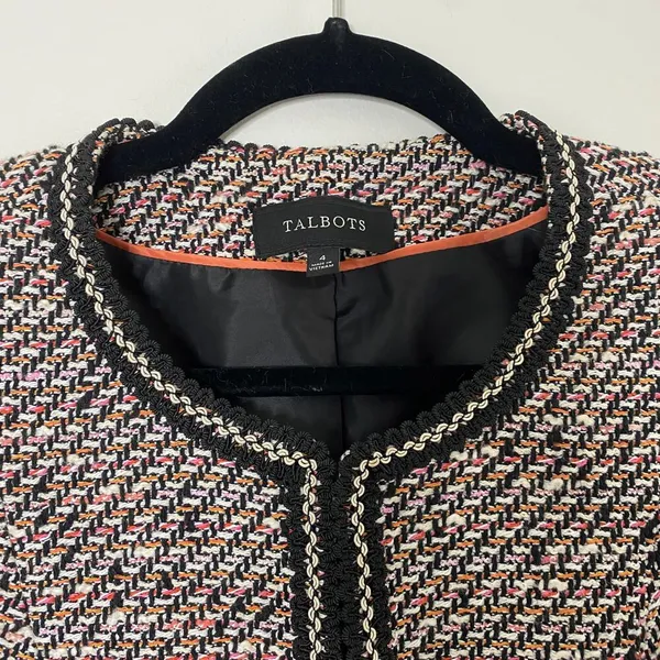Talbots Grosgrain Trim Black Multicolored Peach Tweed Academia Cropped Jacket 4 - Image 4