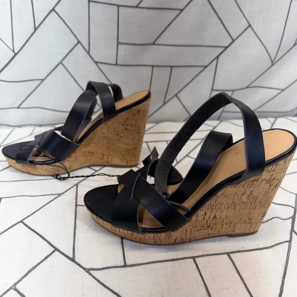 Express Wedge Sandals 10 Black Cork Platform‎ Strappy Buckle Heels nwt - Image 4