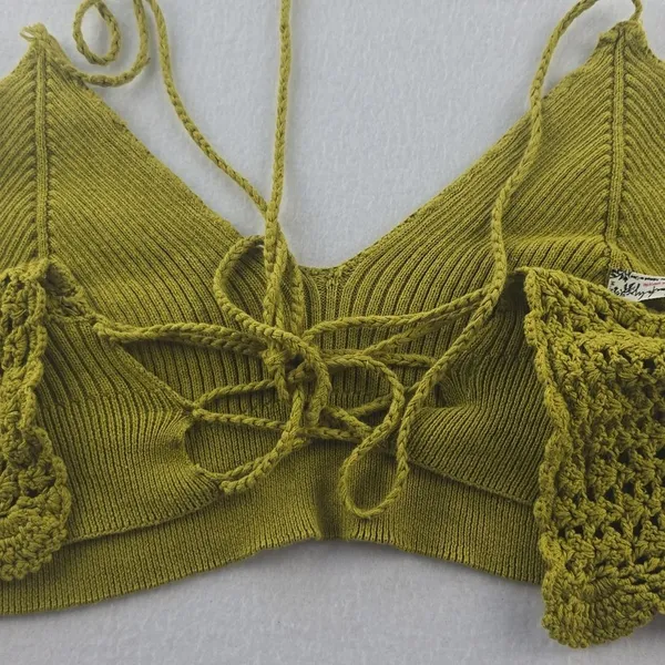 Free People -363‎ Intimately Citron Tie Back Crochet Knit Crop Top Size M - Image 5