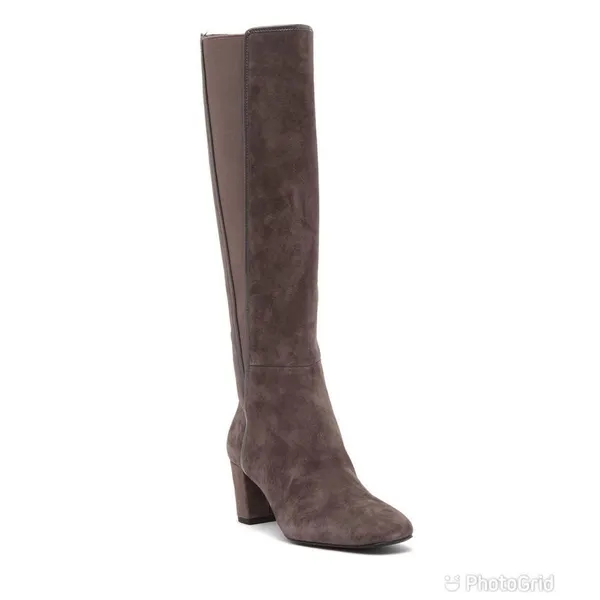 DONALD PLINER Suede Knee High Boot Chunky‎ Heel Round Toe Taupe Gray Size 6.5 - Image 2