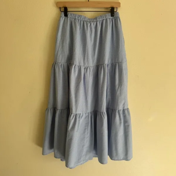 Mod Ref Emilie Tiered Blue Gingham Midi Skirt Size Small - Image 5