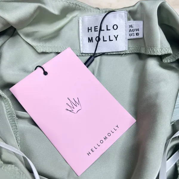 Hello Molly Sage Green Satin Halter Ruffle High Low Midi Dress Womens Size 10 - Image 3