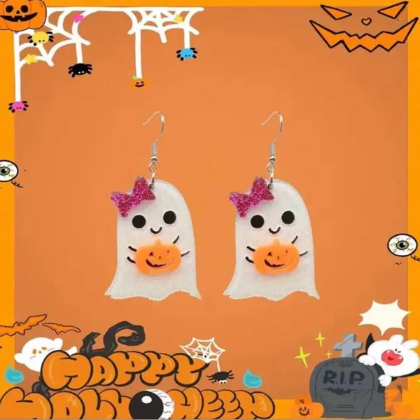 Boutique Halloween Ghost Earrings with Sparkling Pumpkin & Bows - Image 5