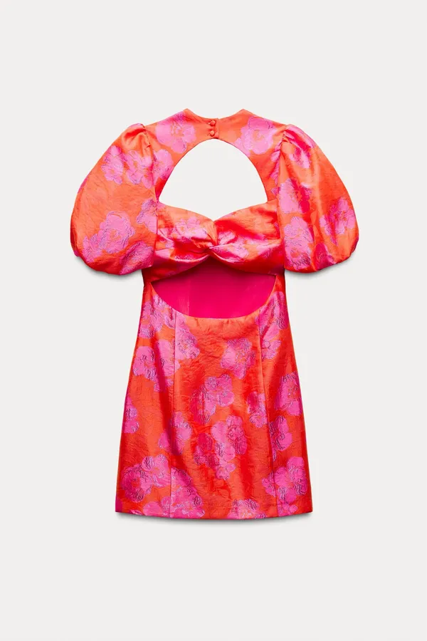Zara dress mini puff wide sleeve cut out hot Pink Floral wedding summer vacation - Image 4