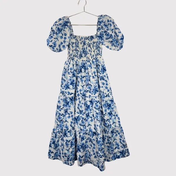 Abercrombie Fitch Midi Dress Blue Toile De Jouy Smocked Puffed Cottagecore Small - Image 2
