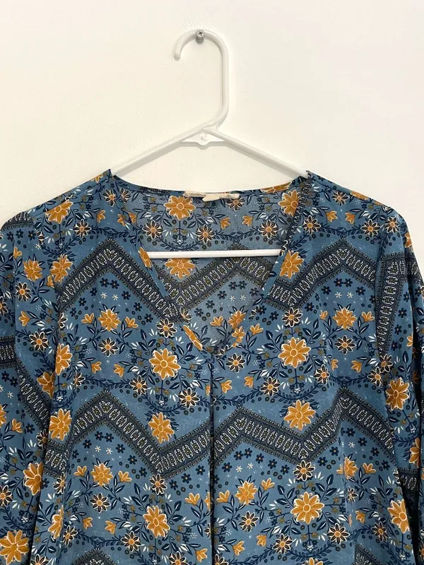 PINK ROSE Blue Mustard Navy Floral Chevron 3/4 Sleeve Roll Tab Sleeve Blouse Top - Image 2