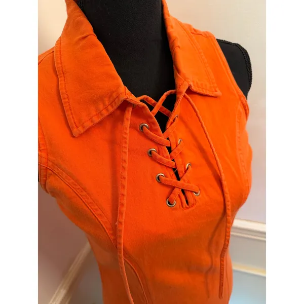 Vintage Y2K Orange Speed Mini Dress Sleeveless Lace-Up Collar Shift Dress Retro - Image 2