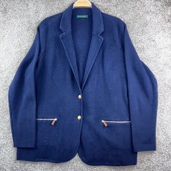 Lauren Ralph Lauren Knit Blazer XL Navy Gold Button Preppy Old Money Equestrian - Image 3