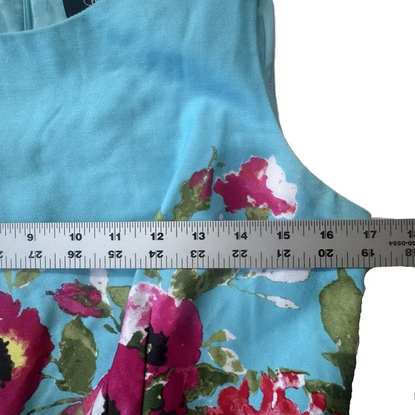 Chetta B‎ Floral Turquoise Fit Flare Dress Size 6 Pink Belted Sleeveless Garden - Image 6