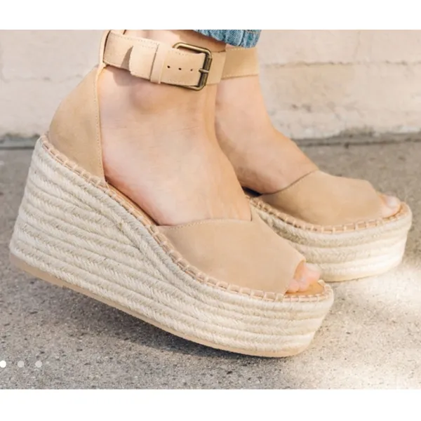 Soludos Positano Espadrille Platform Suede Leather Tan Wedge Sandals - Image 8