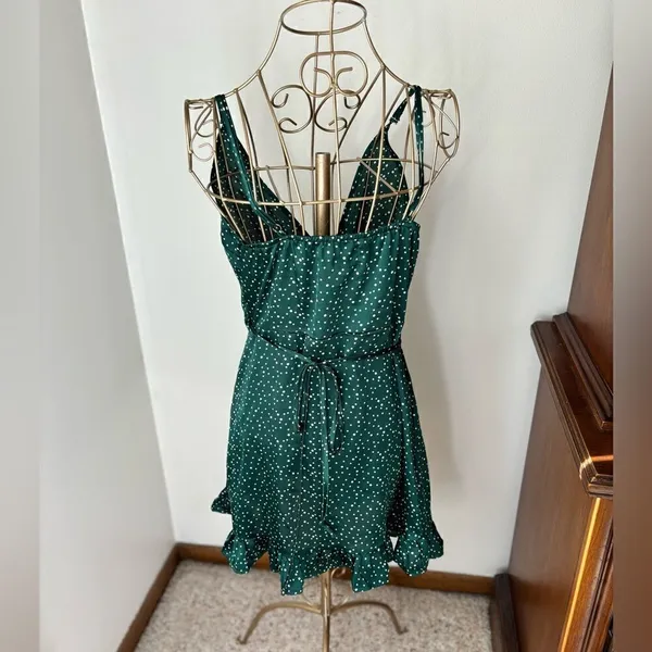 Polly Wrap Mini Dress Polka Dot Ruffle Hem Size 4 Green - Image 10