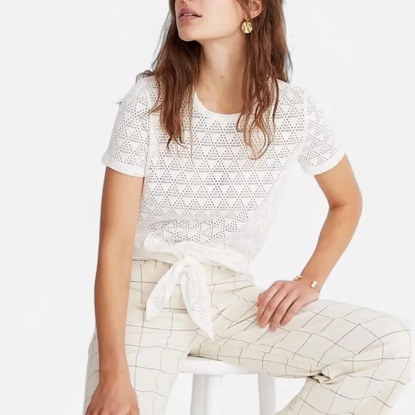 Madewell White eyelet Lace Knotted Short Sleeve Shirt – Size Small - Image 5