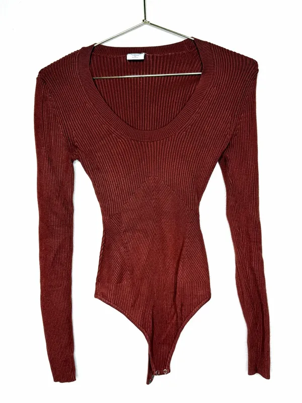 Abercrombie & Fitch Women Contouring Ribbed Bodysuit XS Thong Back Rust Brown - Image 2